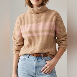 J.CREW Cashmere Relaxed Turtleneck Sweater Pink Stripe Camel S/M BE046